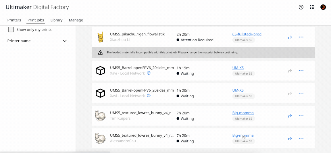 Manage print jobs in Digital Factory