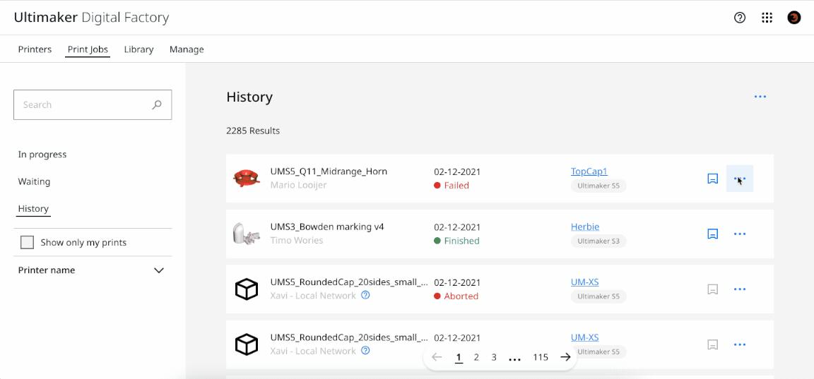 Manage print jobs in Digital Factory