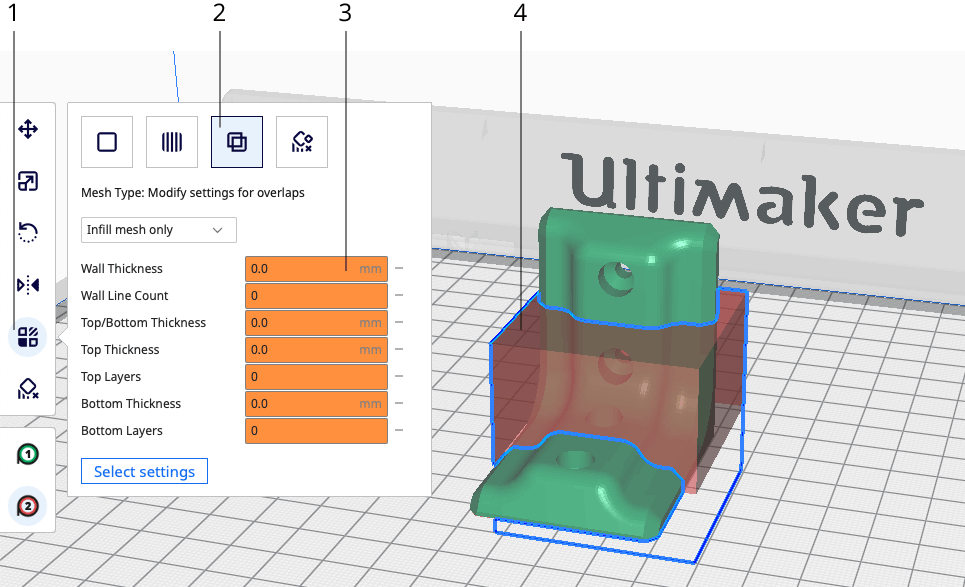 to adjust print settings of a part of model in Cura